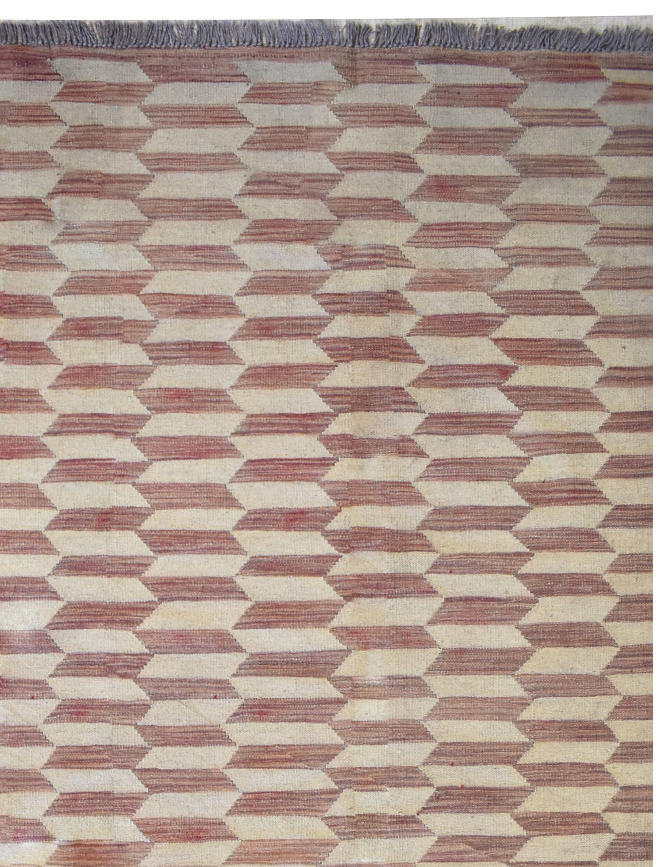 Handmade Afghan Maimana kilim rug featuring a repeating geometric pattern in red and cream wool.