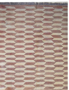 Handmade Afghan Maimana kilim rug featuring a repeating geometric pattern in red and cream wool.