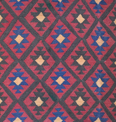 Handmade Afghan Maimana kilim rug featuring a repeating diamond pattern in red, blue, and tan.