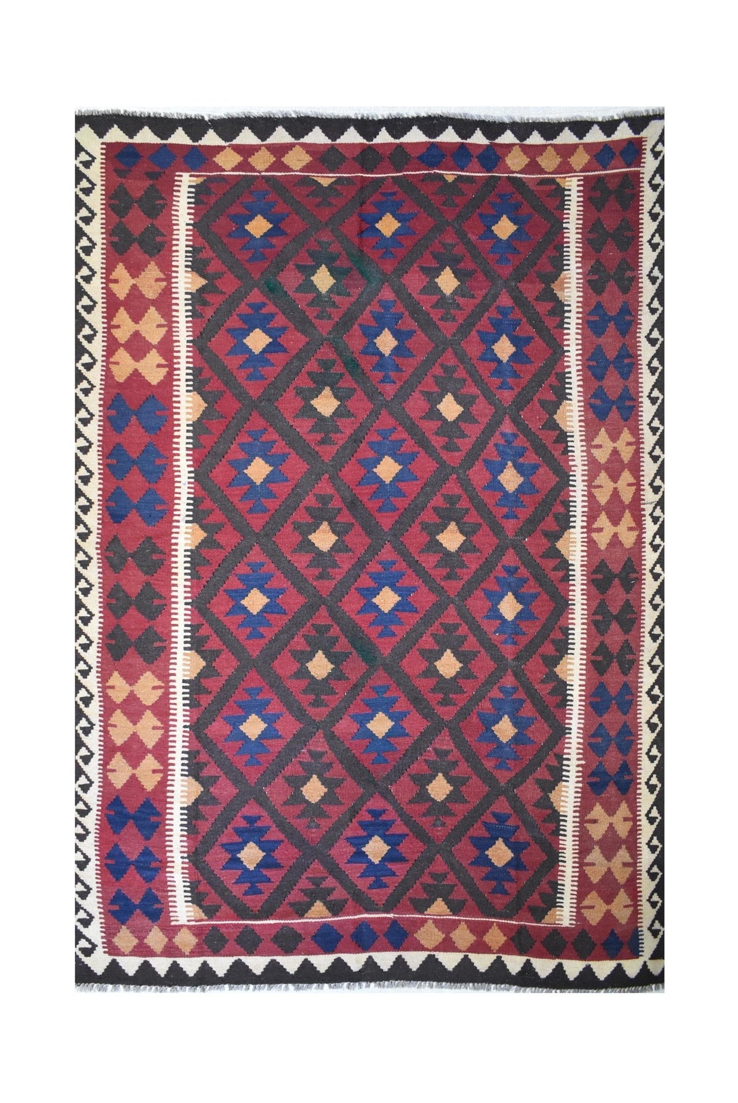 Handmade Afghan Maimana kilim rug featuring a geometric diamond pattern in red, blue, and tan.