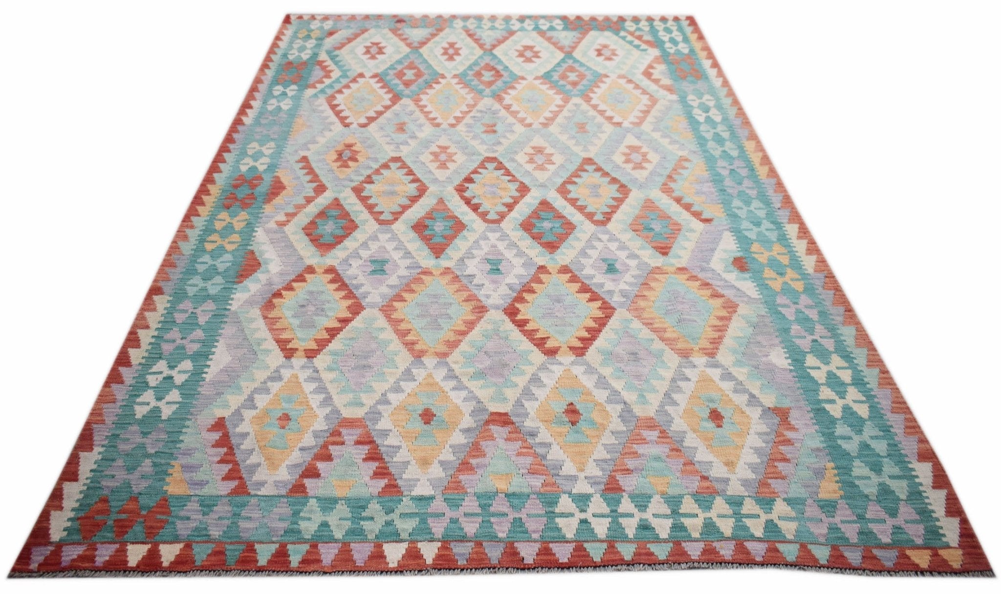 Handwoven Afghan Maimana kilim rug featuring a colorful geometric diamond pattern.
