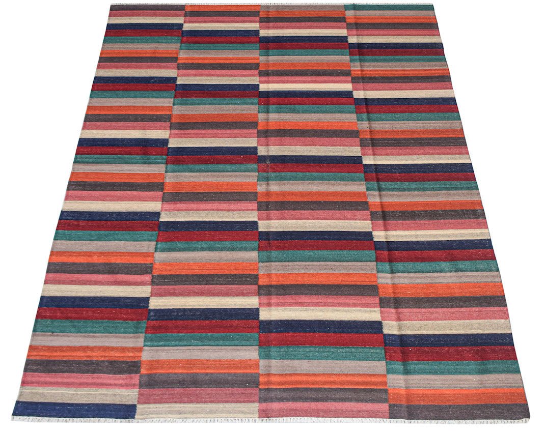 Handwoven Afghan Maimana kilim rug featuring a vibrant, multi-colored horizontal striped pattern.