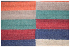Handwoven Afghan Maimana kilim featuring a geometric pattern of colorful horizontal stripes.