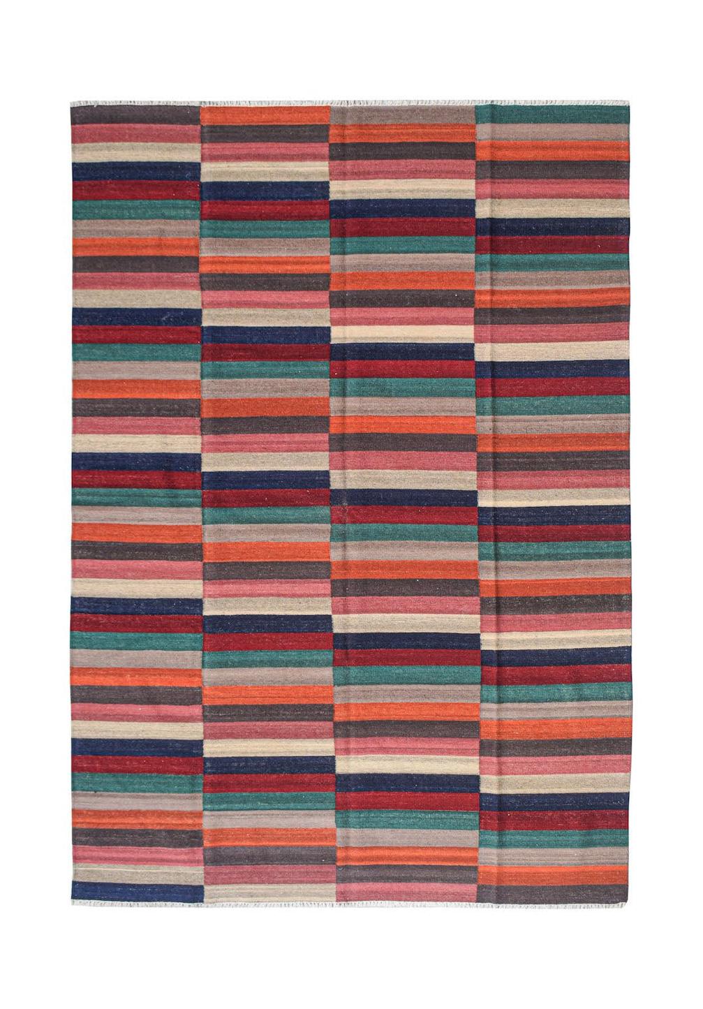 Handwoven Afghan Maimana kilim rug featuring a vibrant, multi-colored horizontal striped pattern.