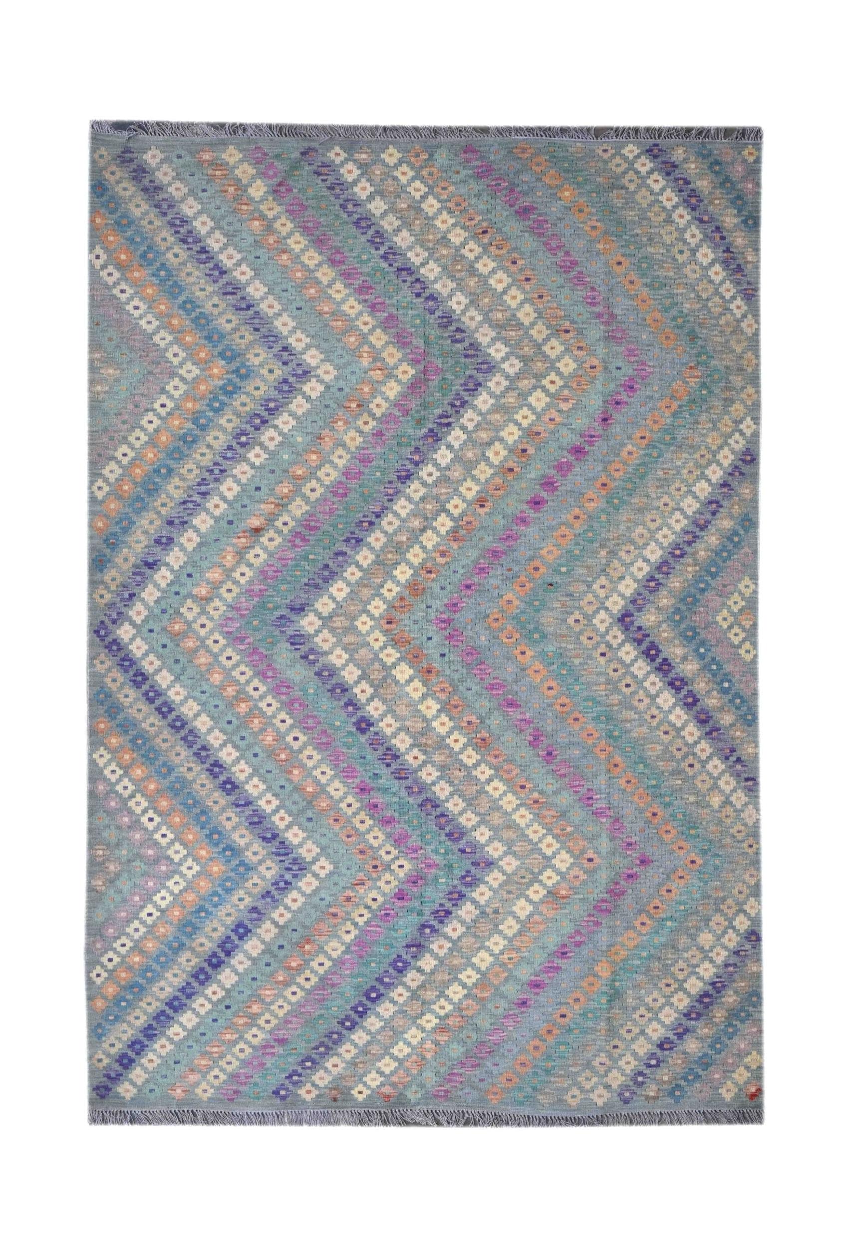 Handmade Afghan Maimana kilim rug featuring a blue chevron pattern with colorful floral motifs.