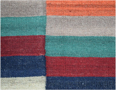 Handwoven Afghan Maimana kilim rug featuring a geometric pattern of colorful horizontal stripes.