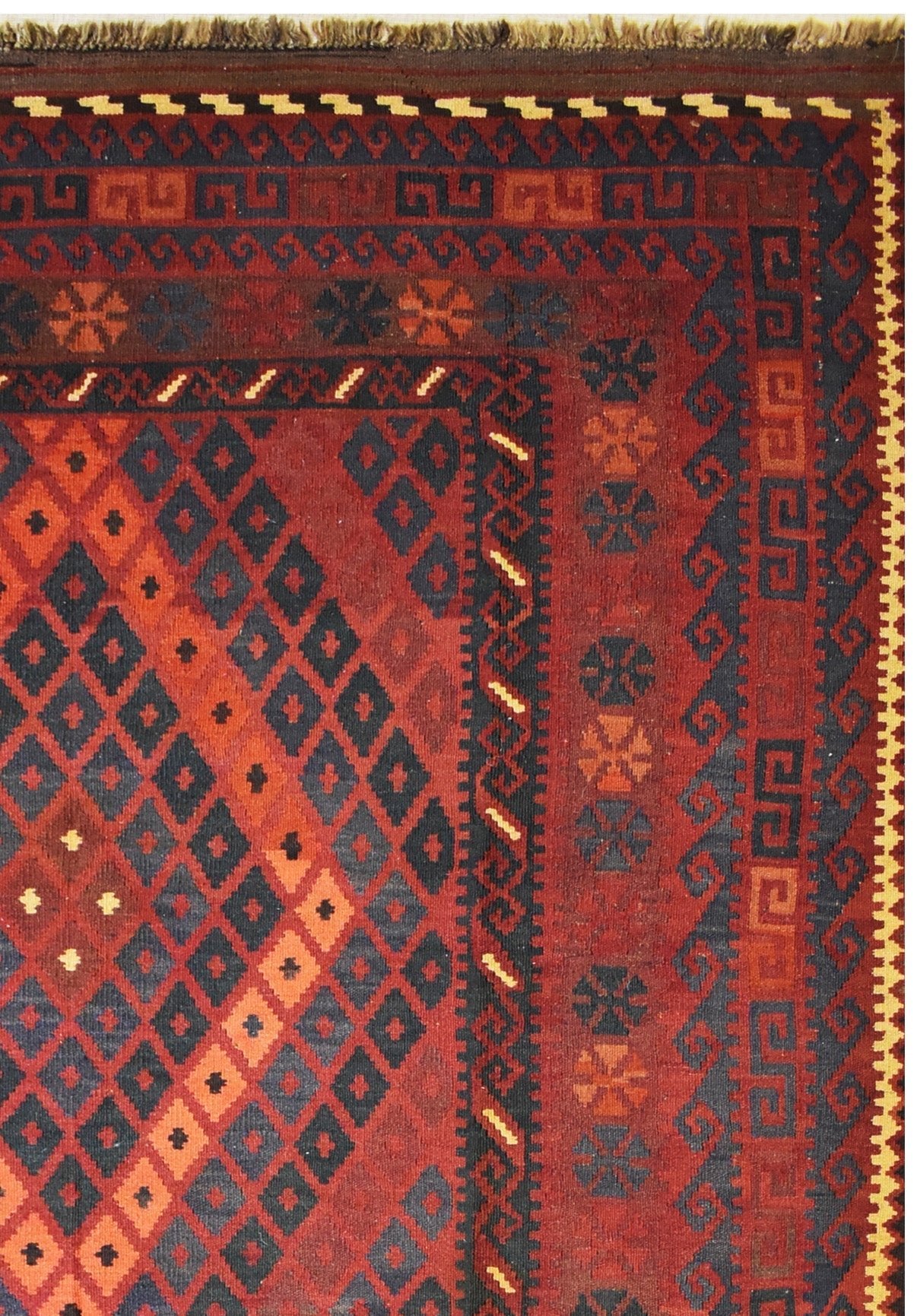 Handmade Afghan Maimana kilim rug featuring a geometric diamond pattern in red and dark blue.