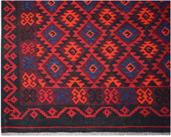 Handwoven Afghan Maimana kilim featuring a geometric diamond pattern in red, blue, and black.