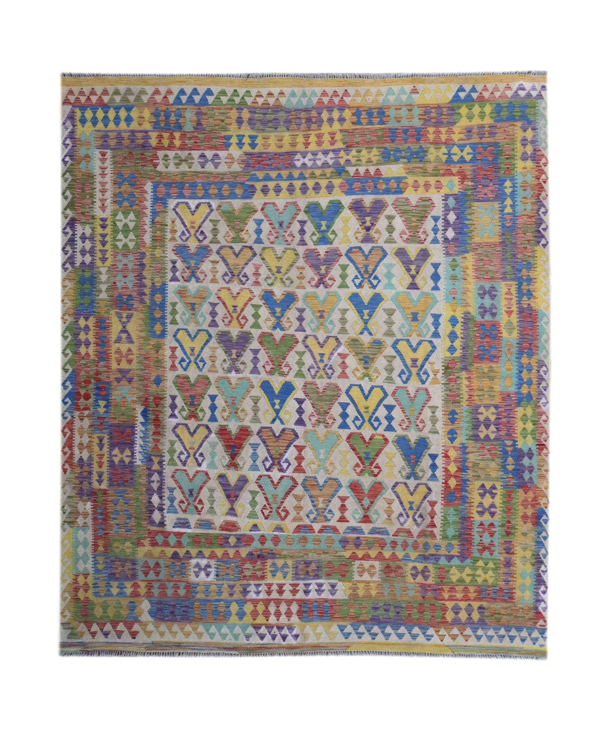 Handmade Afghan Maimana kilim rug featuring a colorful geometric pattern on a light background.