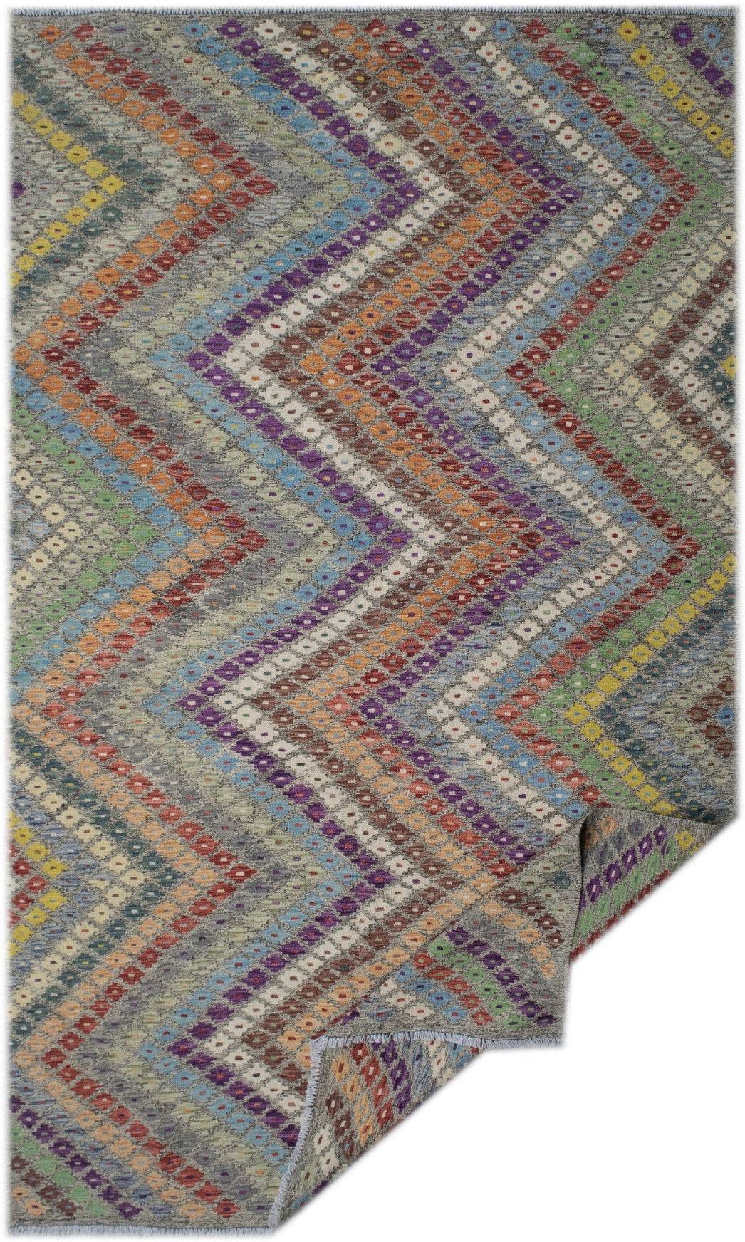 Handmade Afghan Maimana kilim rug featuring a vibrant, multicolored geometric chevron pattern.
