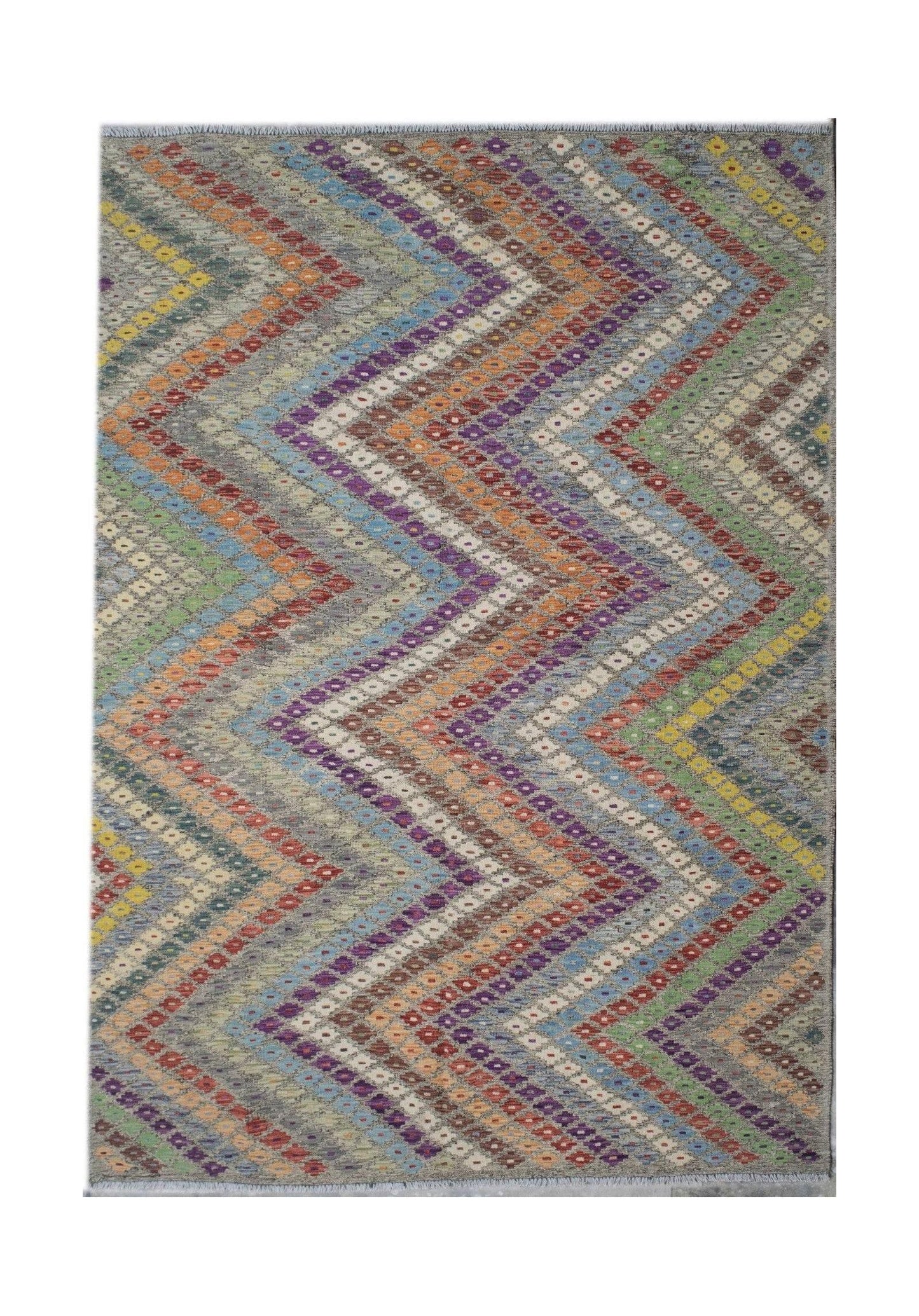 Handmade Afghan Maimana kilim rug featuring a vibrant, multicolored geometric chevron pattern.