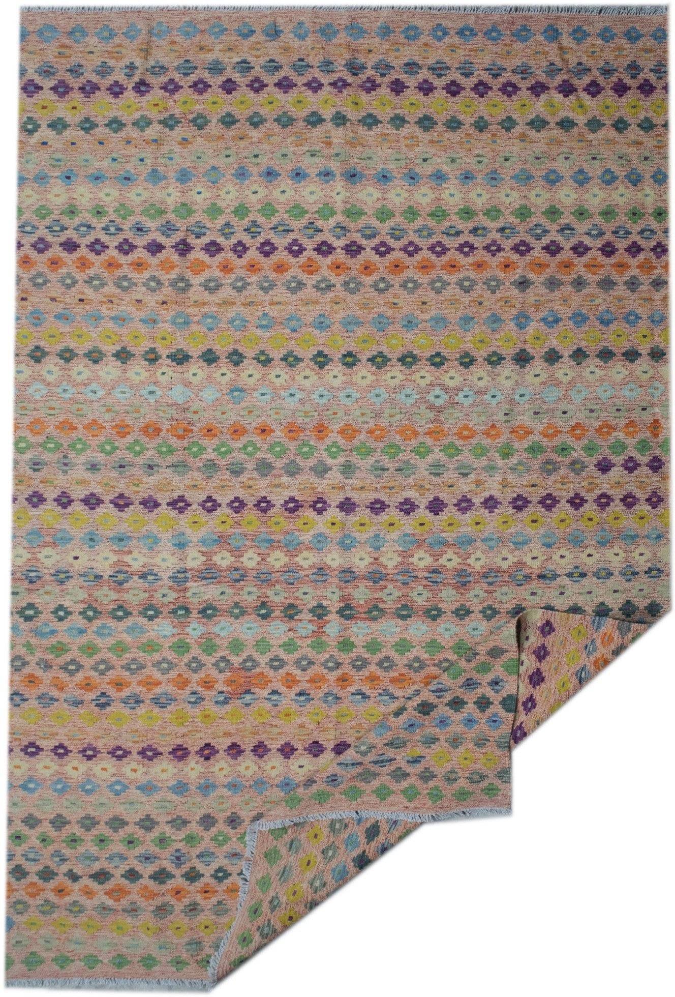 Handmade Afghan Maimana kilim rug featuring horizontal rows of colorful geometric diamond patterns.