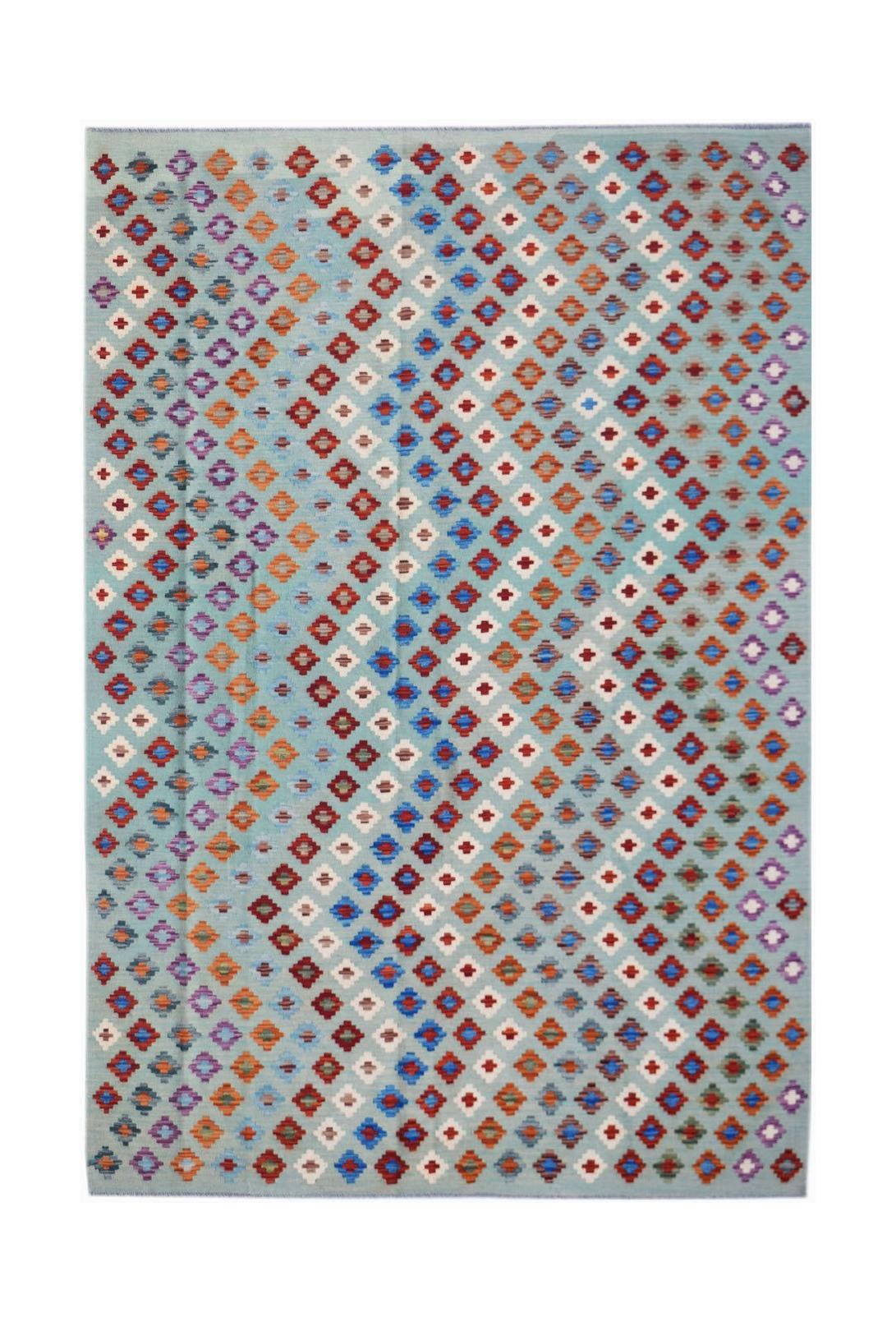Handwoven Afghan Maimana kilim rug featuring a geometric pattern of colorful diamonds on blue.