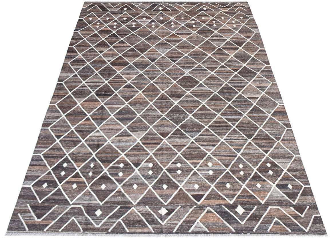 Handwoven Afghan Maimana kilim rug featuring a brown diamond pattern with white geometric accents.