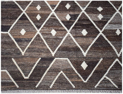 Handwoven Afghan Maimana kilim rug featuring a brown and white geometric diamond pattern.