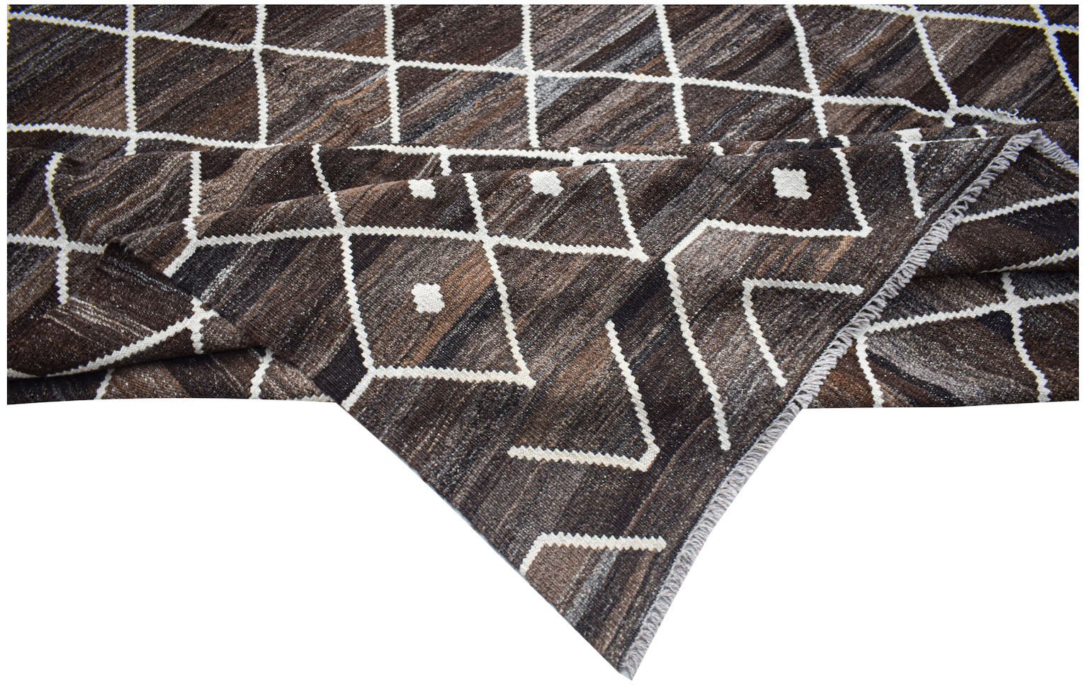 Handwoven Afghan Maimana kilim rug featuring a brown and white geometric diamond pattern.