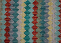 Handwoven Afghan Maimana kilim rug featuring a vibrant geometric pattern of vertical stripes.