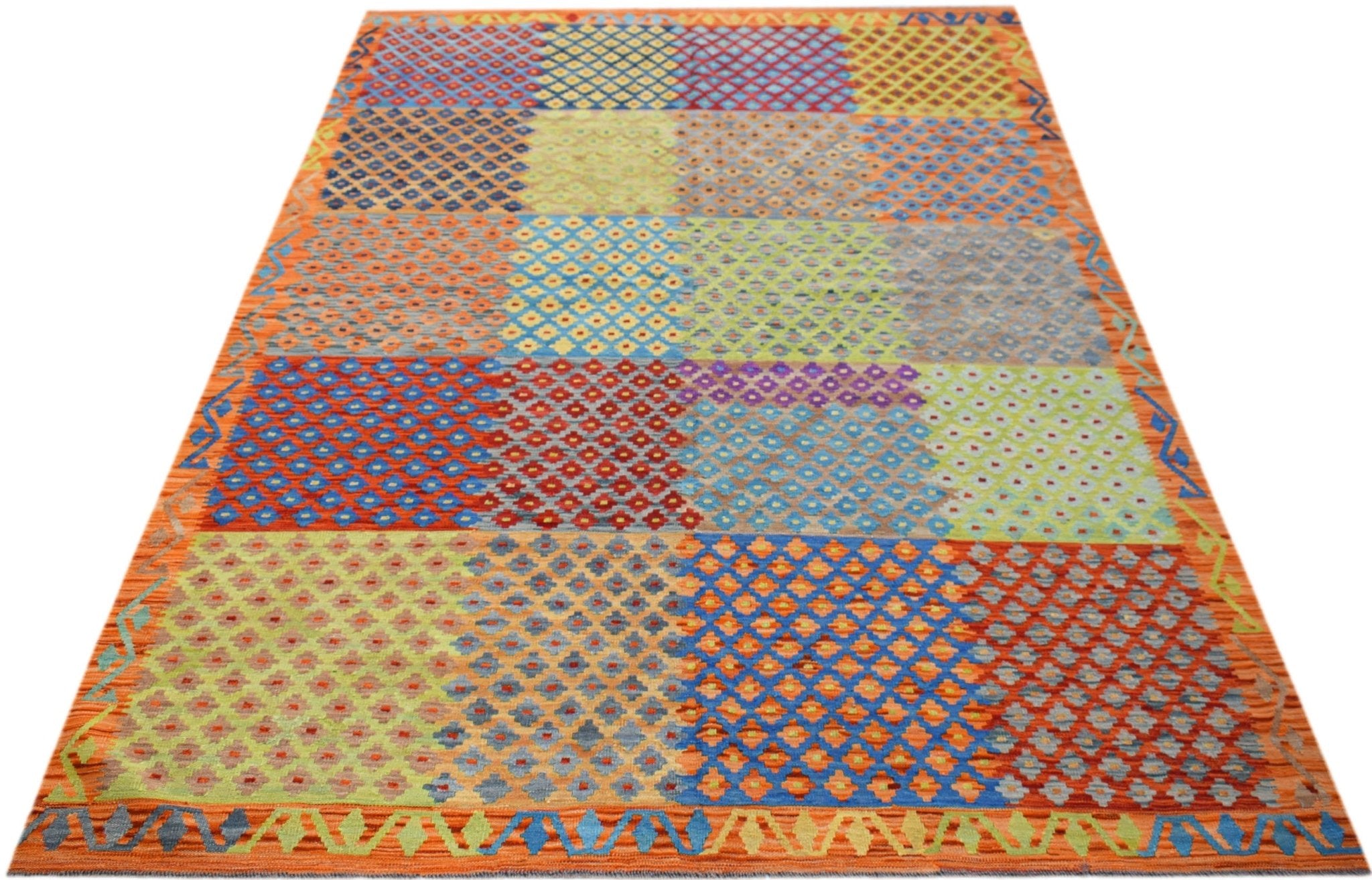 Handmade Afghan Maimana kilim rug featuring a colorful patchwork of geometric diamond patterns.