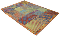 A rectangular Afghan Maimana kilim featuring a colorful geometric grid pattern in wool.