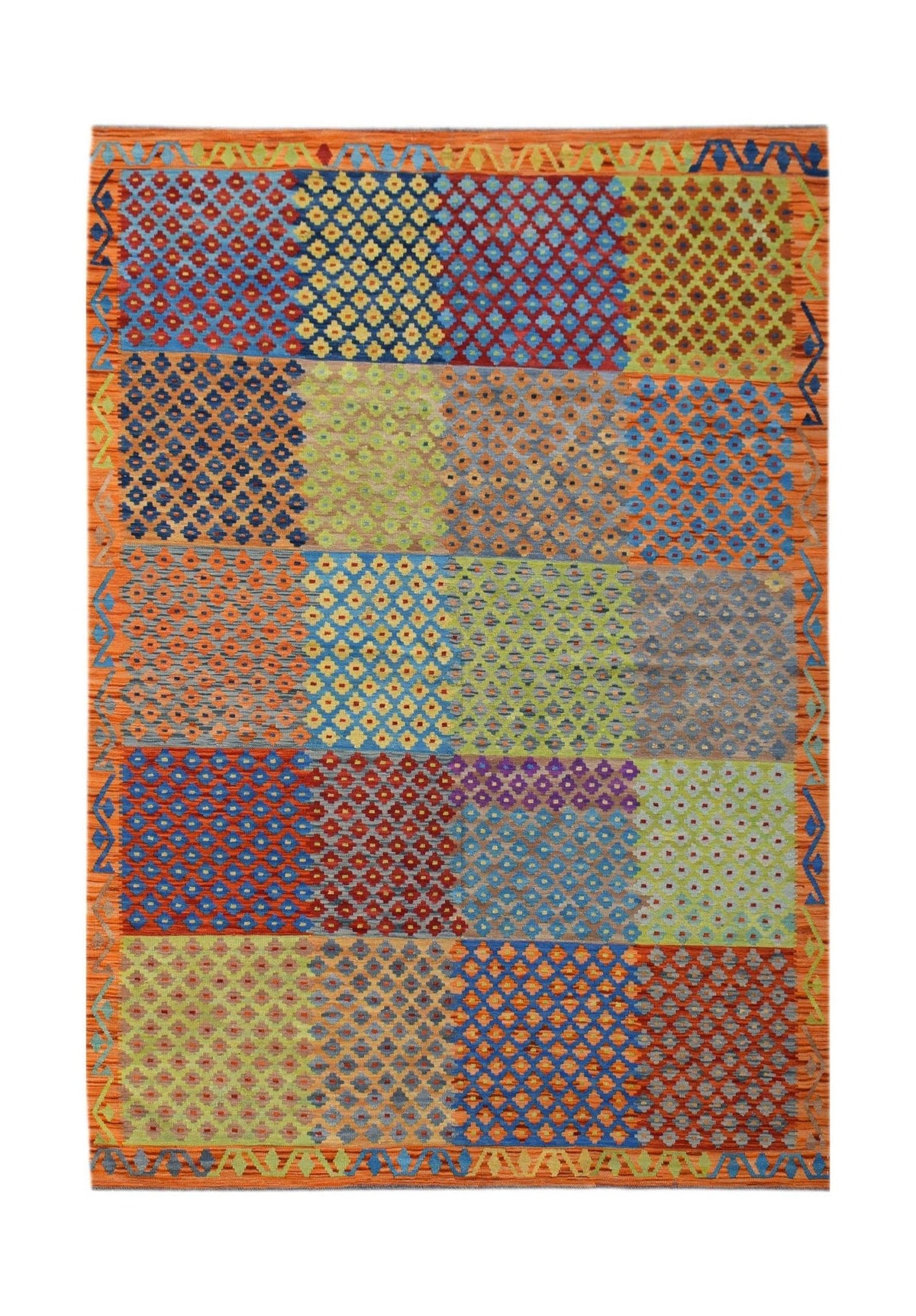 Handwoven Afghan Maimana kilim rug featuring a vibrant patchwork of geometric patterns in wool.