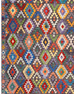 Handmade Afghan Maimana kilim rug featuring a colorful geometric diamond pattern on a dark ground.