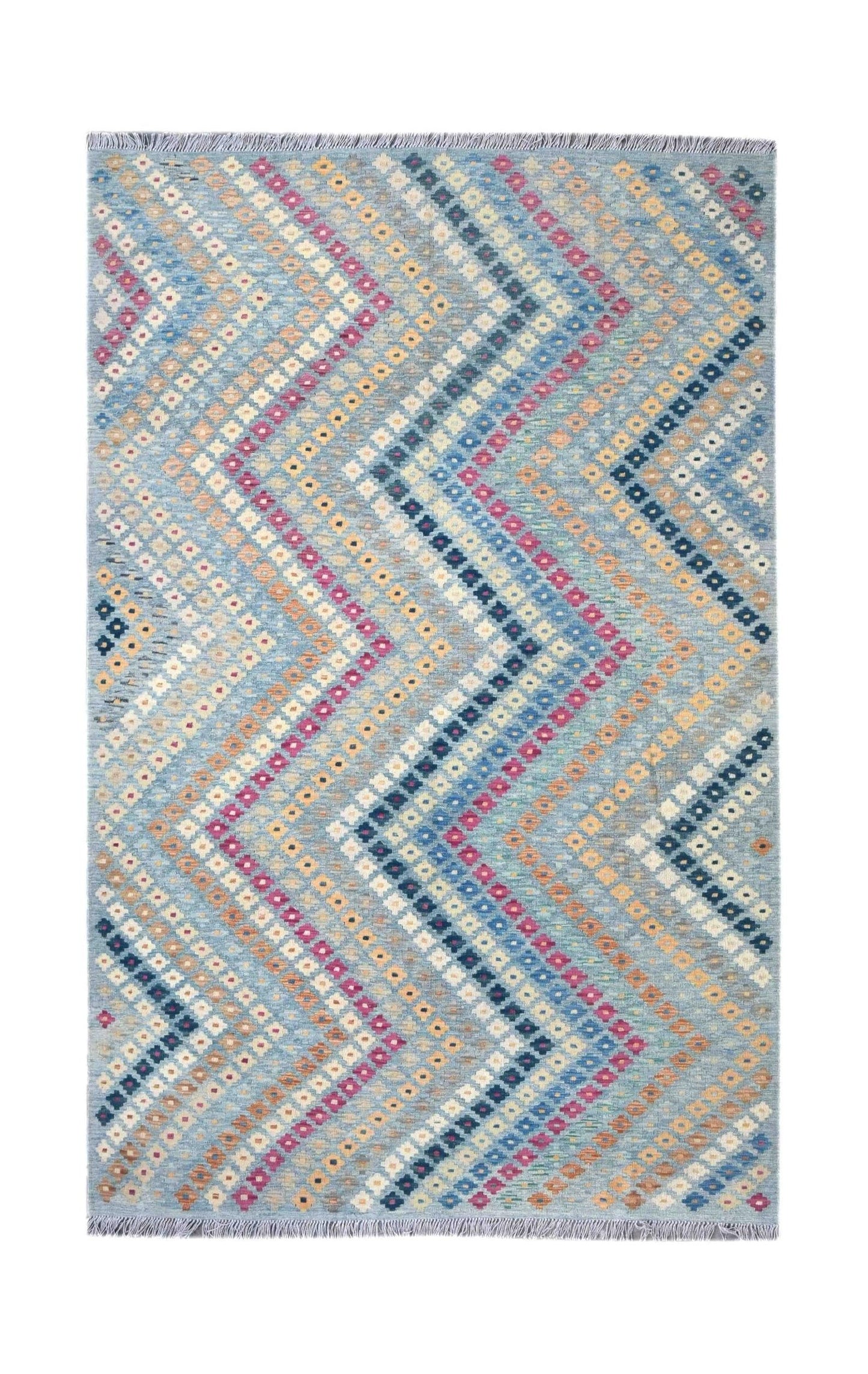 A handmade Afghan Maimana kilim rug featuring a blue background with a colorful geometric chevron pattern.