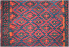 Handwoven Afghan Maimana kilim featuring a repeating geometric diamond pattern in red and blue.