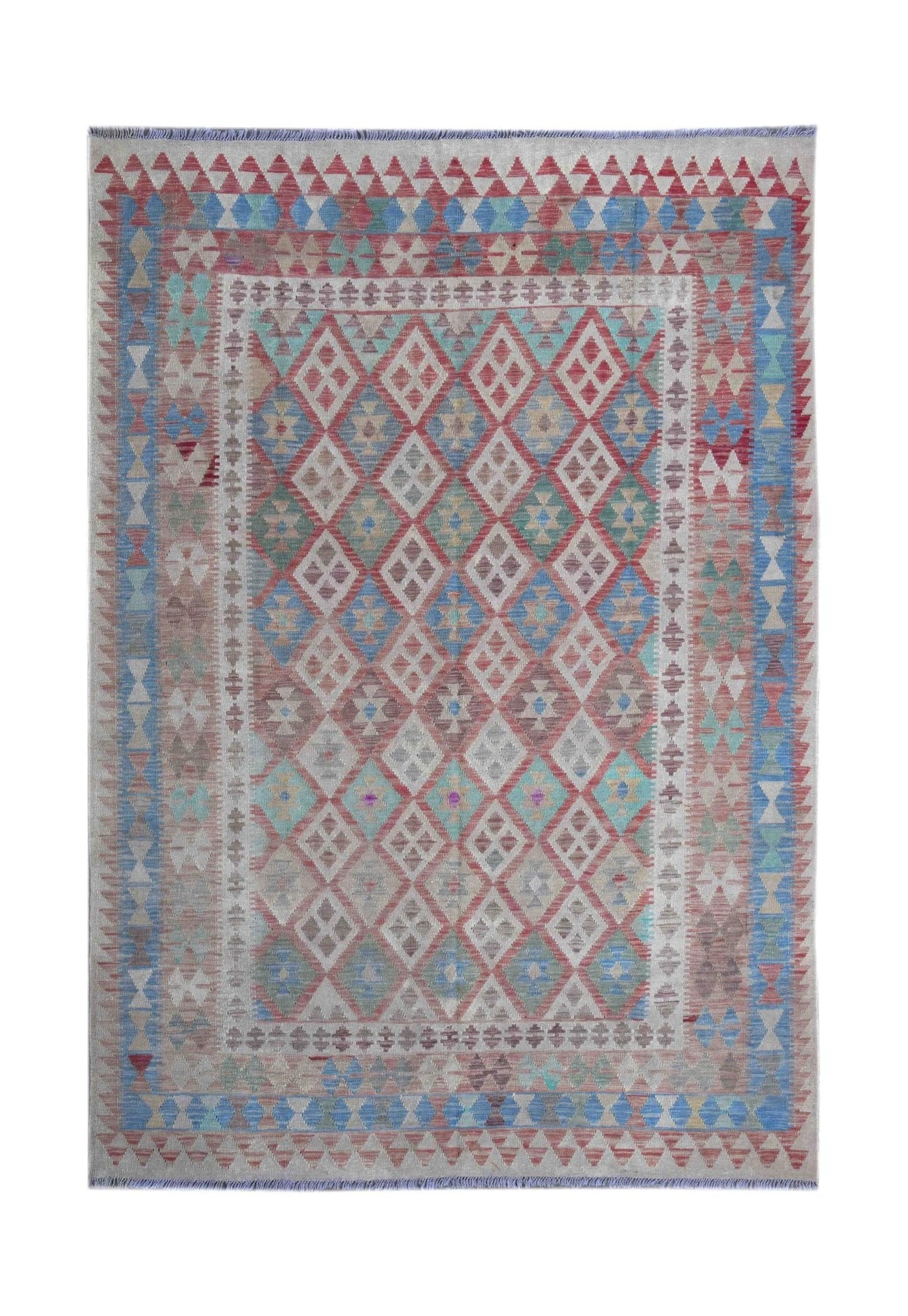 Handmade Afghan Maimana kilim rug featuring a geometric diamond pattern in muted earth tones.