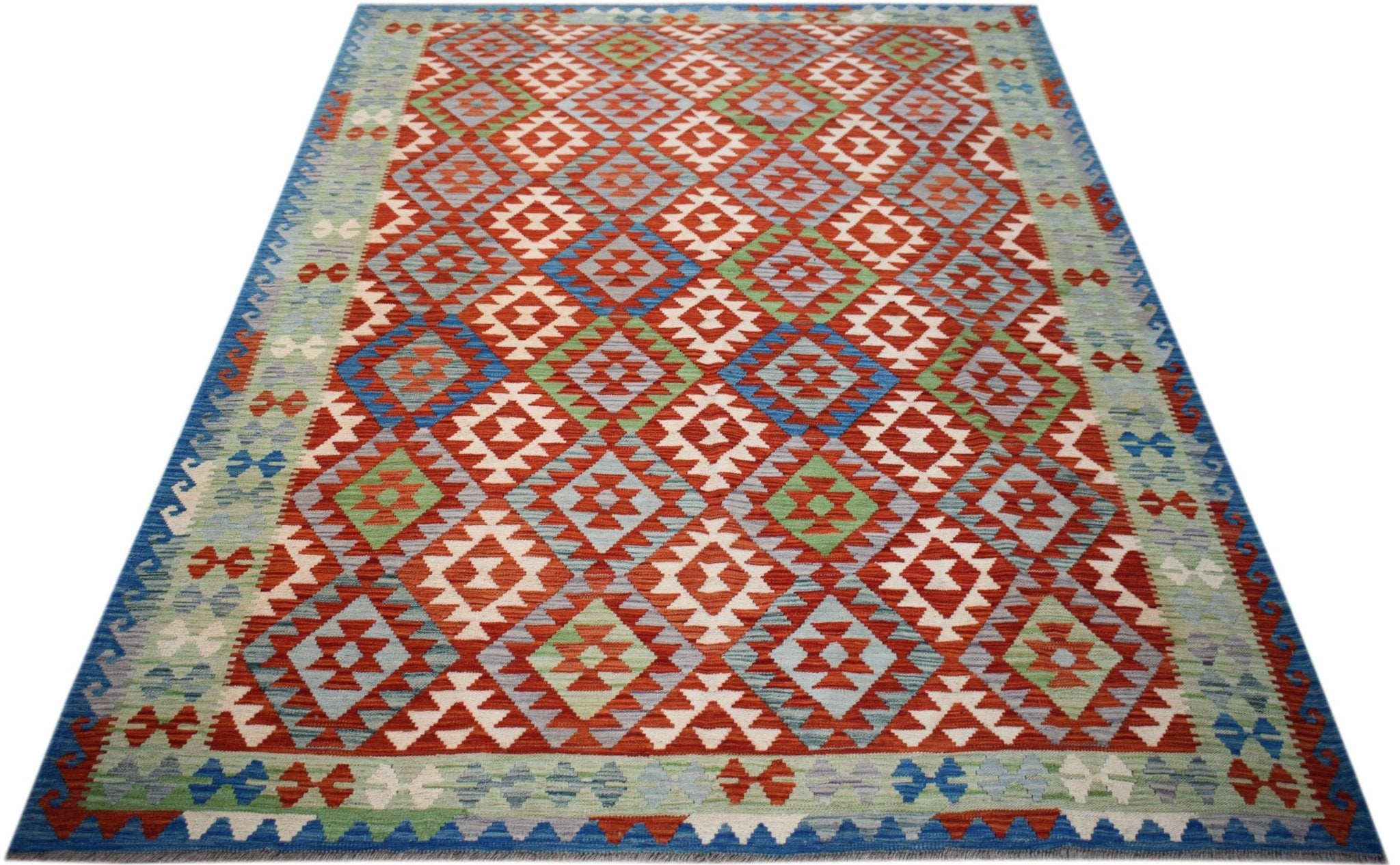 Handwoven Afghan Maimana kilim rug featuring a colorful geometric diamond pattern.