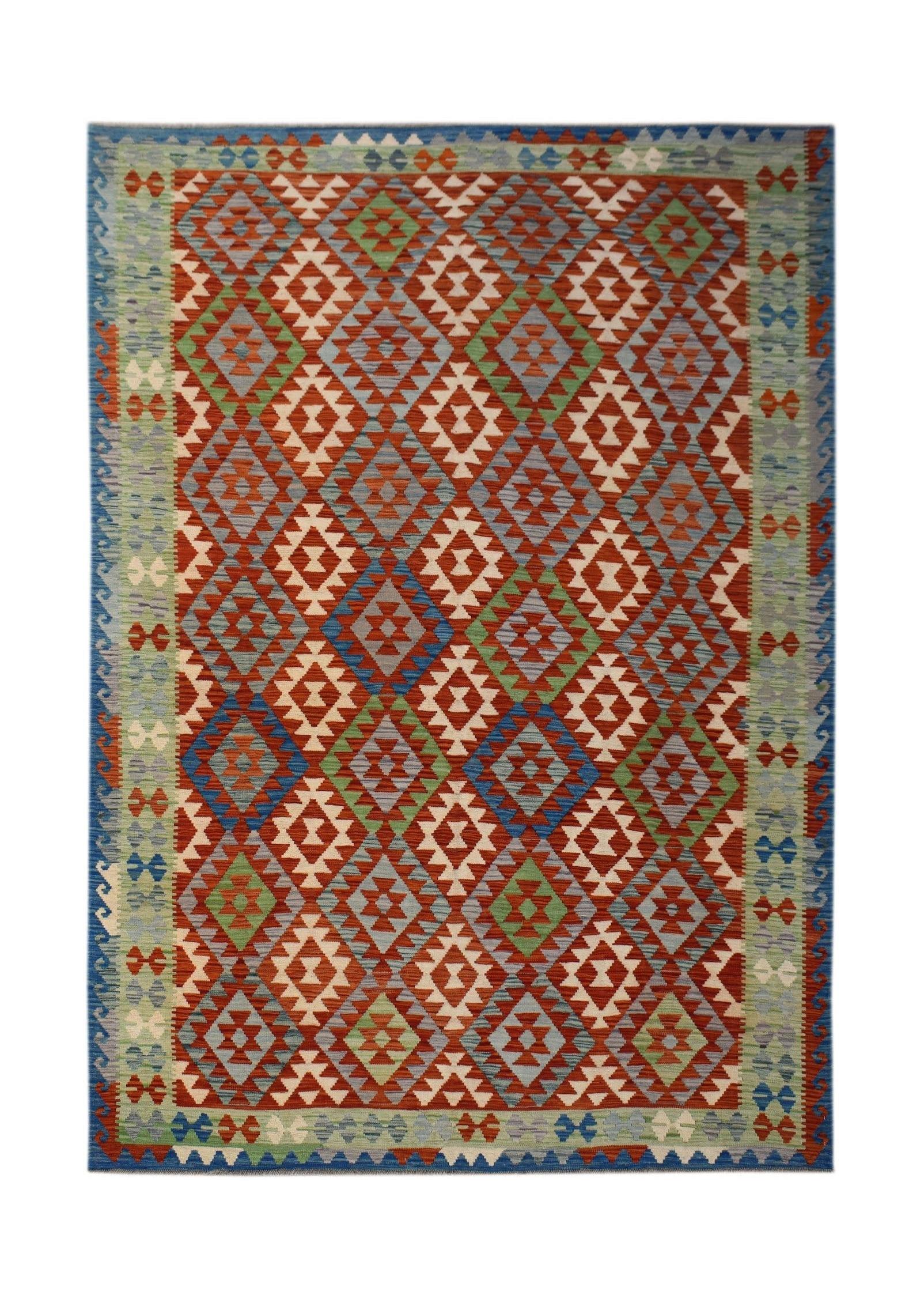 Handwoven Afghan Maimana kilim rug featuring a colorful geometric diamond pattern in wool.