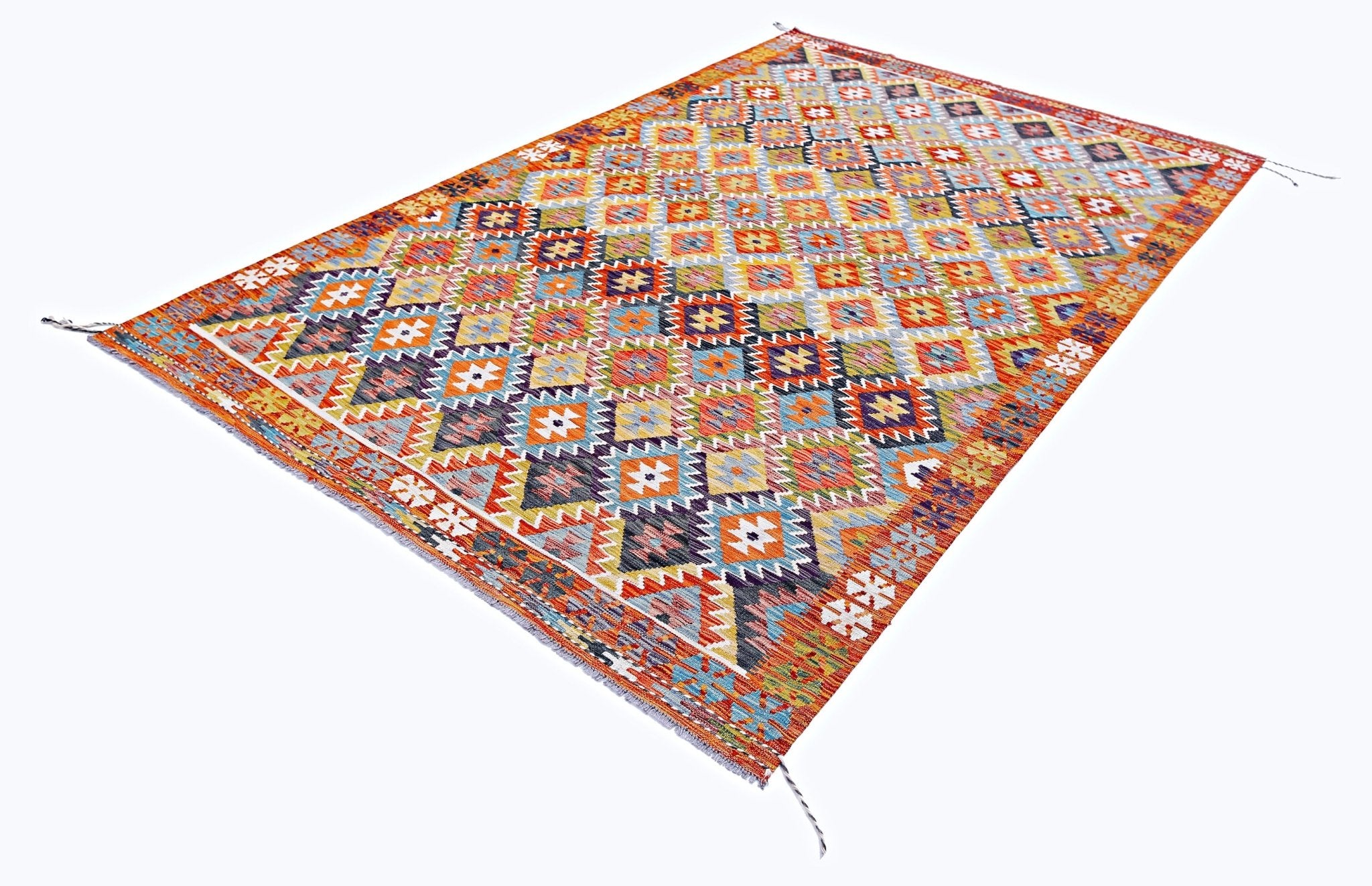 A rectangular handmade Afghan Maimana kilim featuring a vibrant, multicolored geometric pattern.