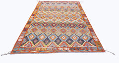 Handwoven Afghan Maimana kilim rug featuring a vibrant geometric diamond pattern in wool.