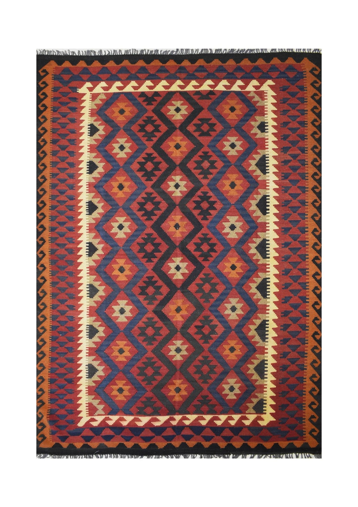 Handmade Afghan Maimana kilim rug featuring a geometric diamond pattern in red, blue, and orange.