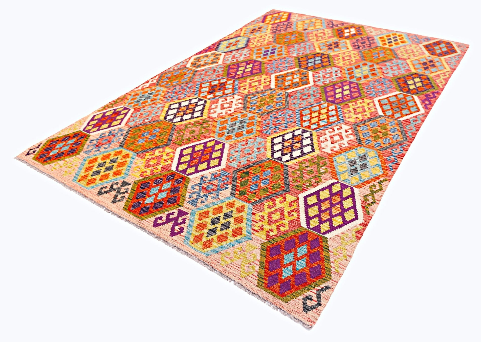 Handmade Afghan Maimana kilim rug featuring a colorful geometric pattern on a flatweave wool base.