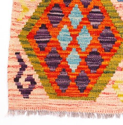 Handwoven Afghan Maimana kilim featuring a geometric pattern in orange, purple, and blue wool.