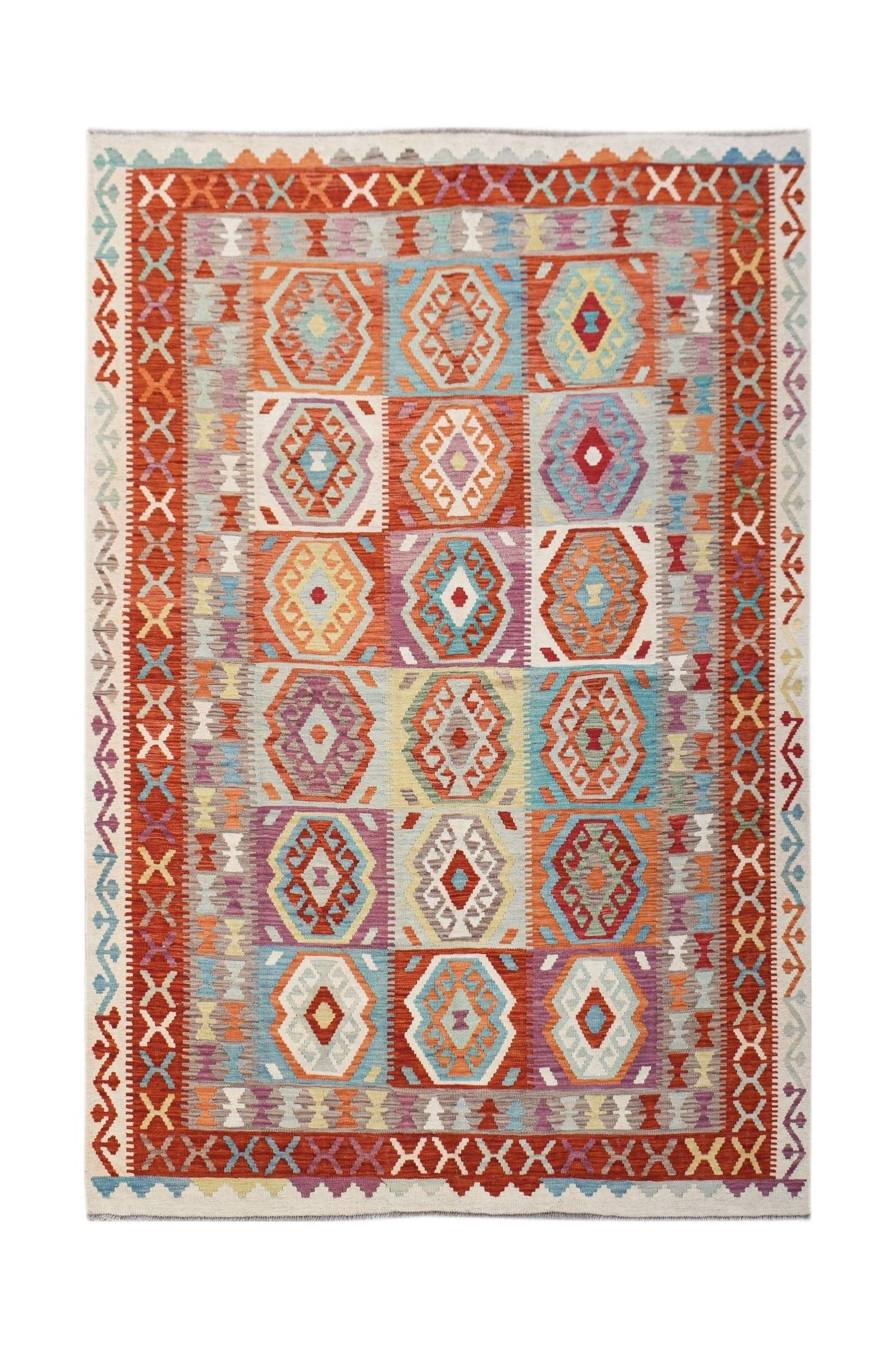 Handwoven Afghan Maimana kilim rug featuring a colorful geometric pattern on a flat wool weave.