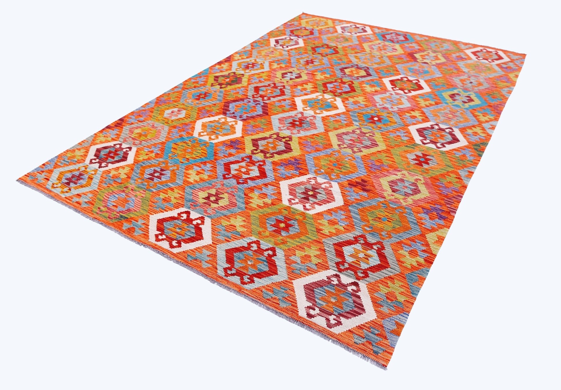 Handwoven Afghan Maimana kilim rug featuring a vibrant geometric pattern in wool.