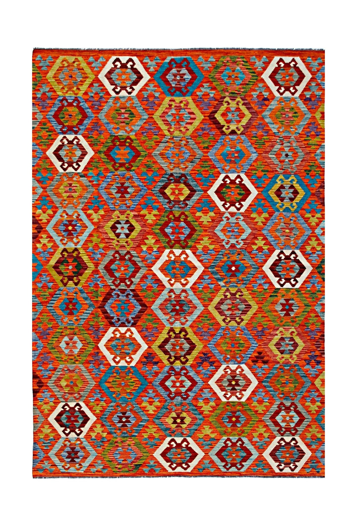 Handwoven Afghan Maimana kilim rug featuring a vibrant geometric pattern in multicolored wool.