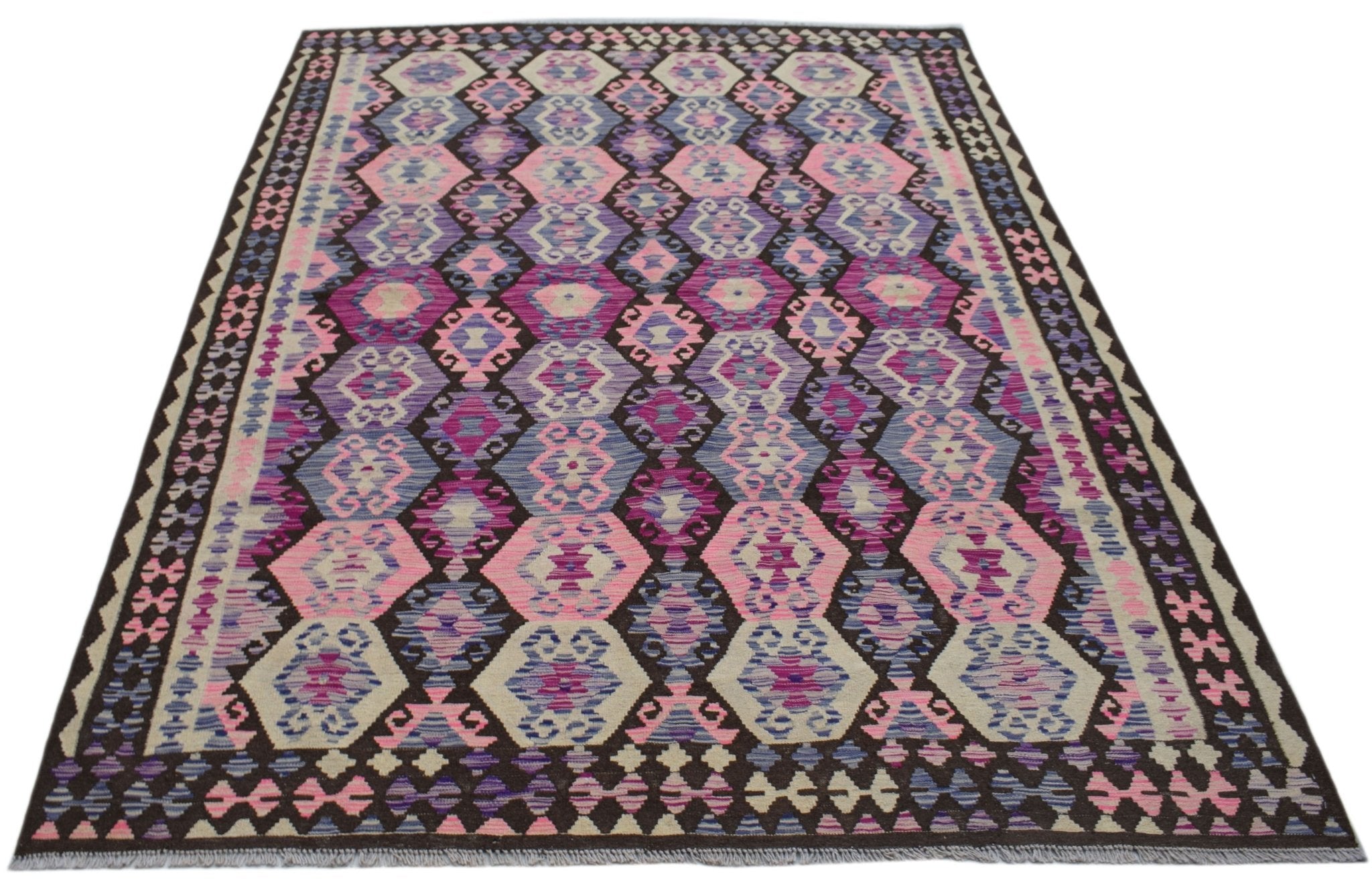Handwoven Afghan Maimana kilim rug featuring a geometric diamond pattern in pink and purple tones.