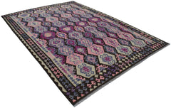 Handwoven Afghan Maimana kilim rug featuring a geometric pattern in shades of pink, blue, and purple.