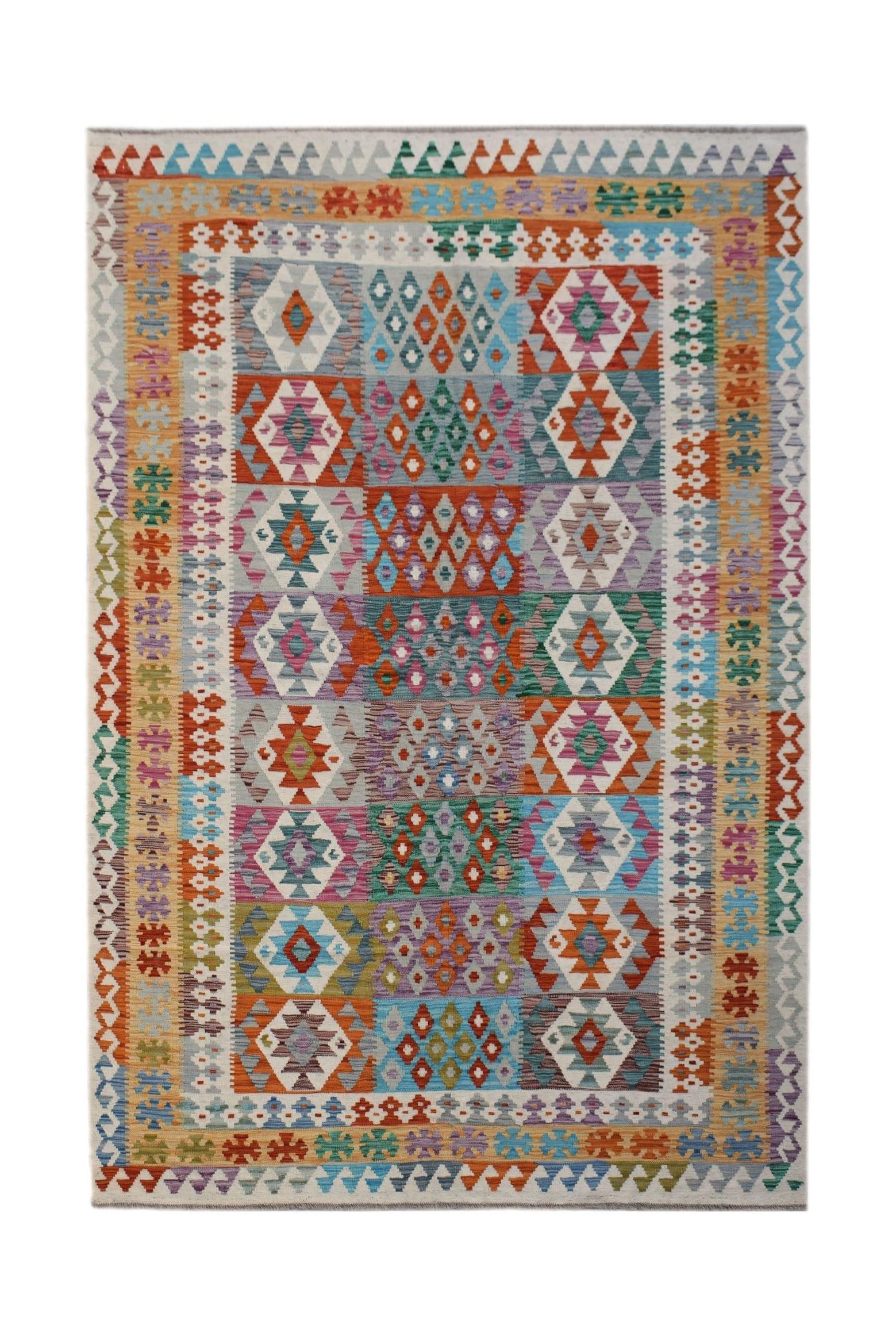 Handwoven Afghan Maimana kilim rug featuring a colorful geometric pattern in a flatweave design.