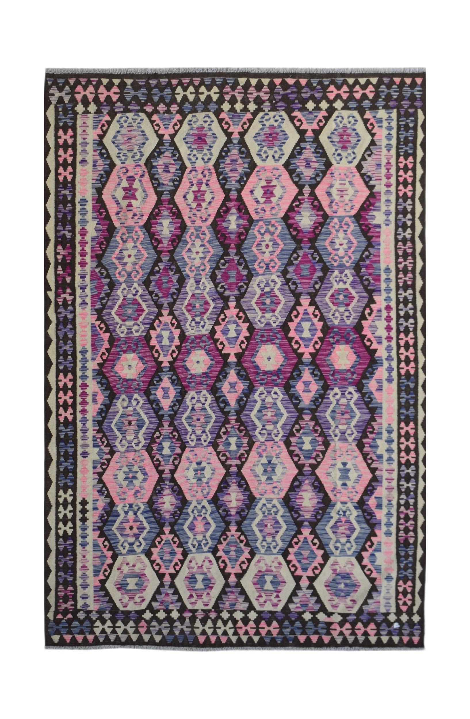 Handwoven Afghan Maimana kilim rug featuring a repeating geometric diamond pattern in pink and blue.