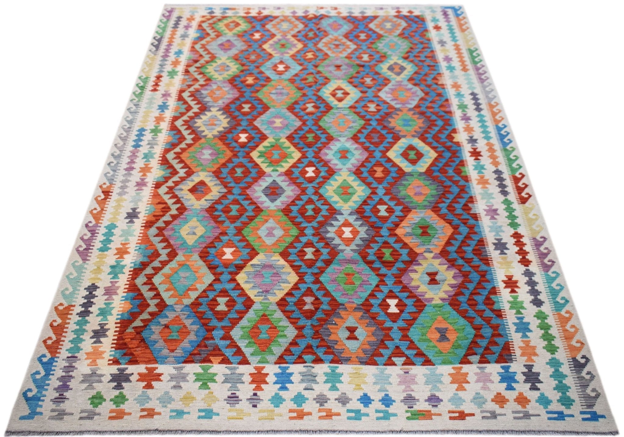 Handwoven Afghan Maimana kilim rug featuring a vibrant geometric diamond pattern in wool.