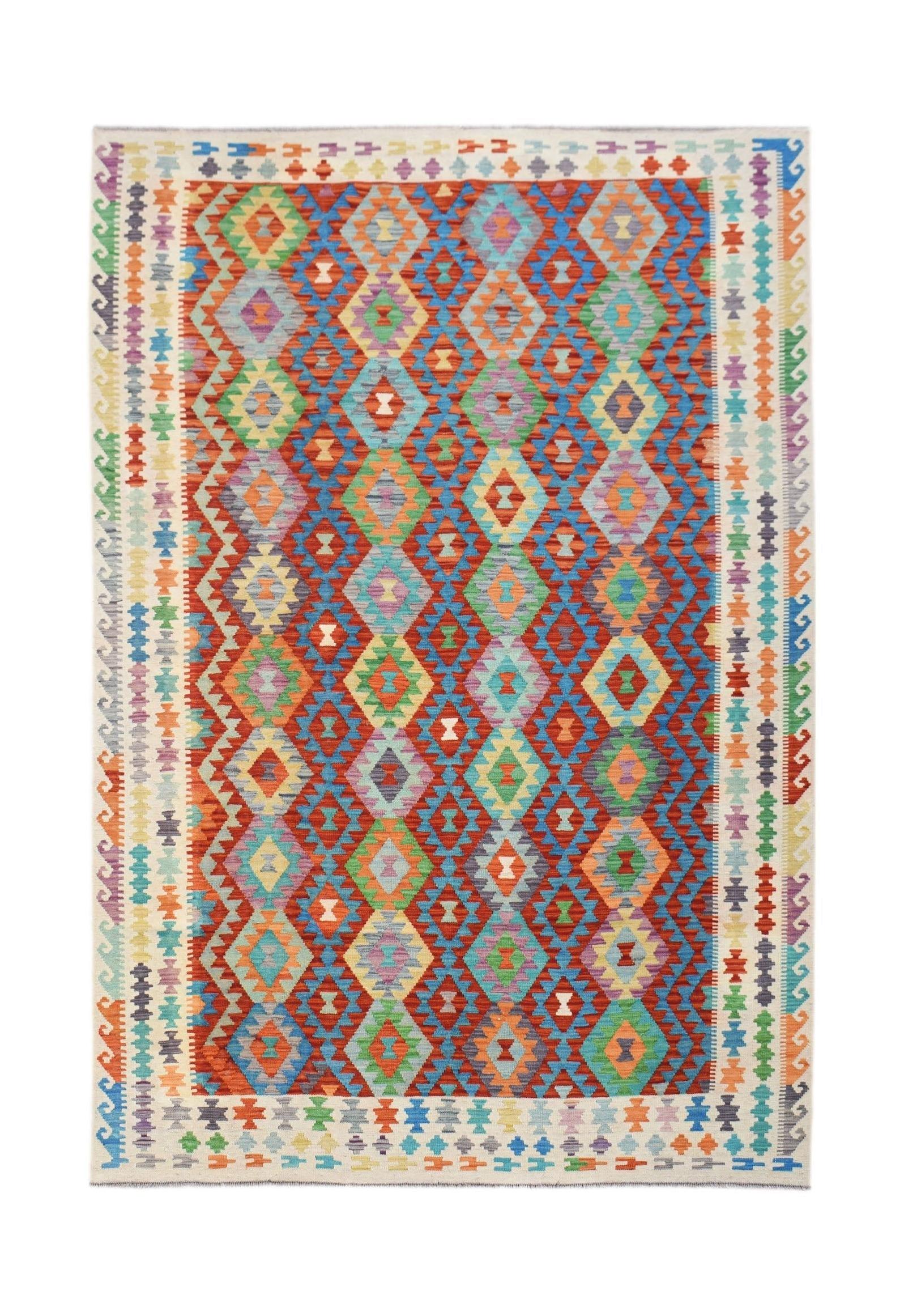 Handwoven Afghan Maimana kilim rug featuring a vibrant geometric diamond pattern in wool.