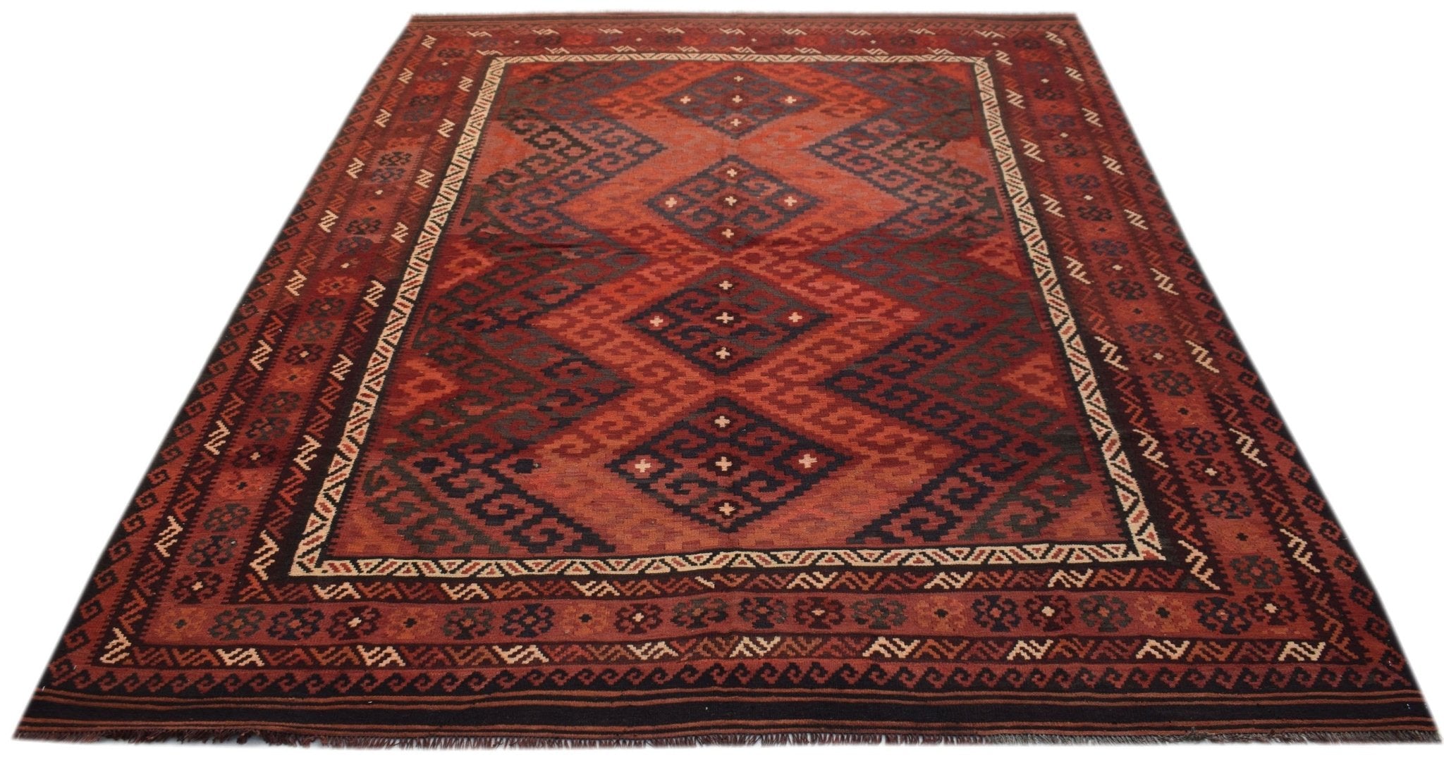 Handwoven Afghan Maimana kilim rug featuring a geometric diamond pattern in shades of red and black.