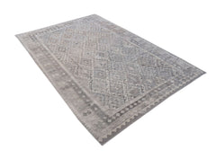 A rectangular Afghan Maimana kilim rug featuring a grey geometric diamond pattern.