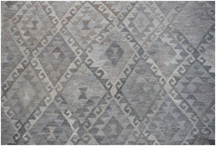 Handwoven Afghan Maiamana kilim rug featuring a grey and beige geometric diamond pattern.