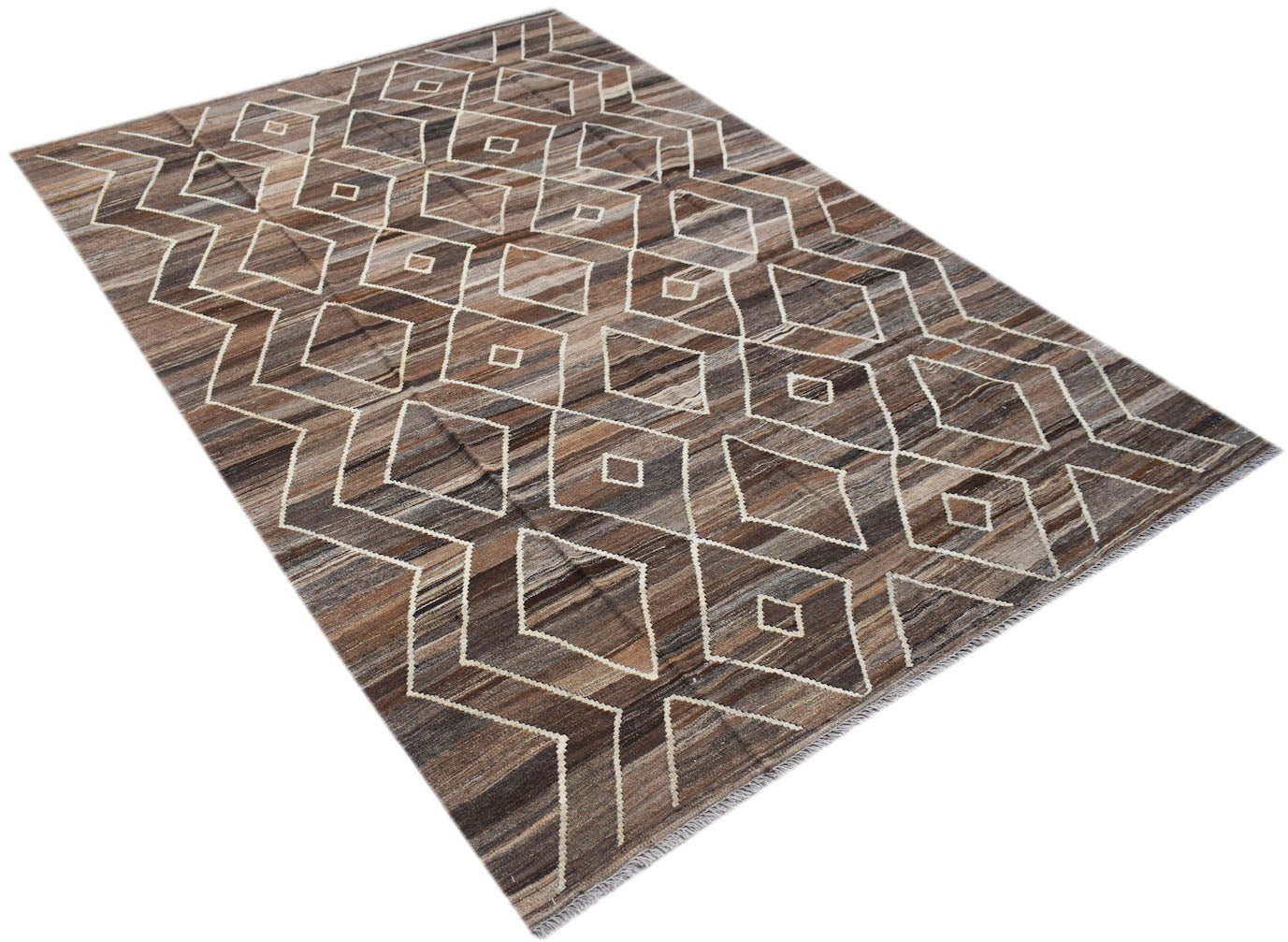 Handwoven Afghan Maimana kilim rug featuring a brown and cream geometric diamond pattern.