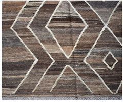 Handwoven Afghan Maimana kilim rug featuring a brown striped pattern with white geometric diamonds.