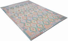 Handwoven Afghan Maimana kilim rug featuring a geometric diamond pattern in soft pastel tones.